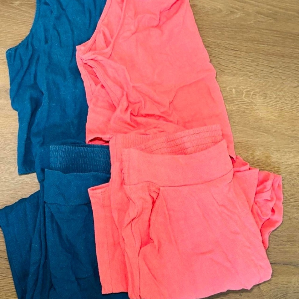 Unbranded Linen Blend 2 Piece Set Bundle Coral Pink Teal Blue Wide Leg Pants L